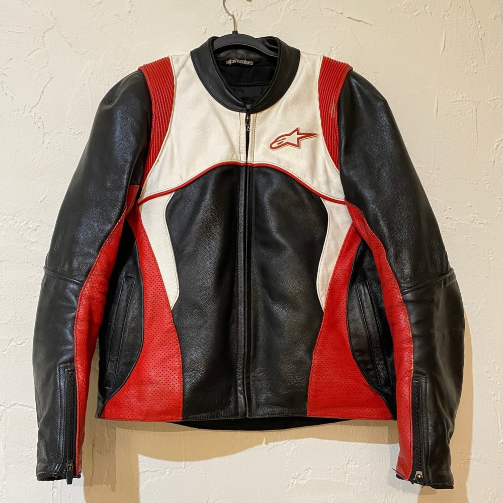 Alpinestars Motorcycle Jacket Mens Large Black White Red Leather Black Label